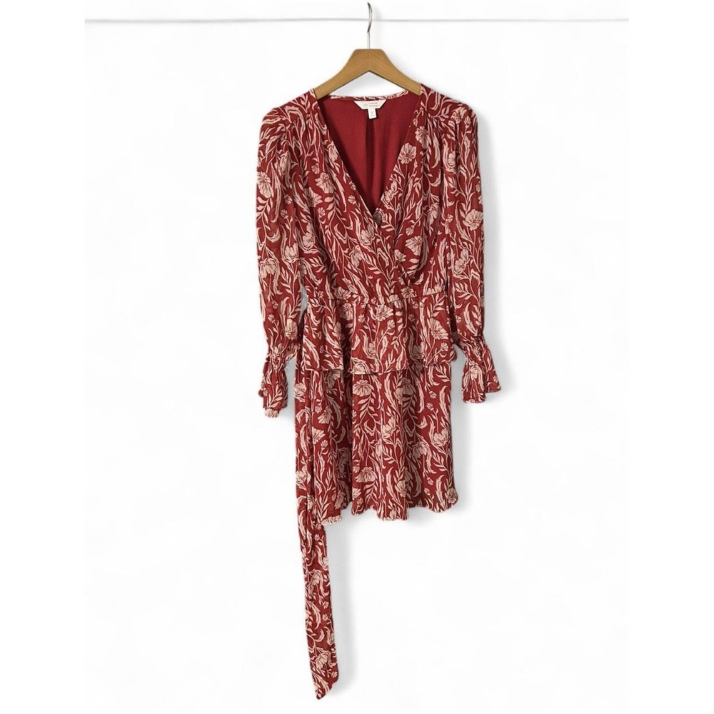 Lauren Conrad Red Floral Dress Size Small Tie Waist Bell Sleeve Boho Romantic